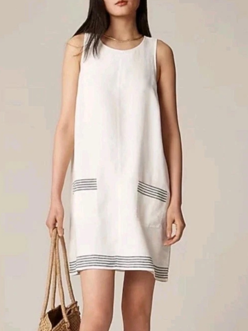 J. Crew White Linen Sleeveless Shift Dress with Navy Stripe Trim and pockets